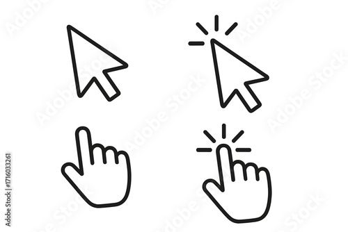 Cursor click icon set. Hand and arrow pointer collection. Press and select symbols. Web interface element for website. UI and UX design graphic. Computer mouse vector icon.