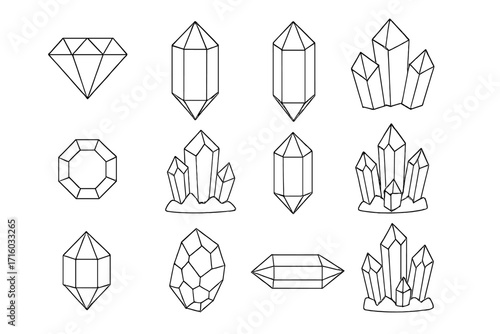 Diamond and crystal line icon set. Gemstone and jewel outline collection. Precious stone and mineral vector symbols. Minimalist geology graphics for web, apps, and design.
