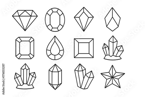 Diamond gem and crystal line icon set. Jewelry and precious stones outline symbols. Collection of brilliant, jewel, gemstone and mineral signs for apps and websites. Vector.