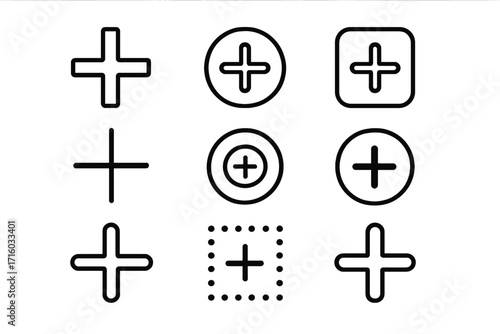 Plus sign icons collection. Add button concept. Vector line icon set for UI and UX design. Cross symbol. Graphic elements for web and app interface. More, new, positive.