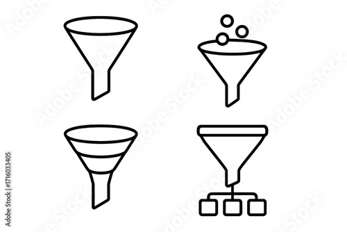 Funnel line icon collection. Sales funnel, data filter, and conversion process symbols. Vector marketing pipeline and lead generation signs for infographics and web UI design.