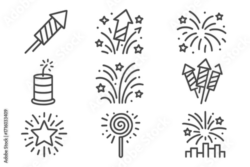 Firework and pyrotechnics line icon set. Celebration symbols for New Year, 4th of July party. Vector rockets, firecrackers, and sparks. Festival outline pictograms with editable stroke.