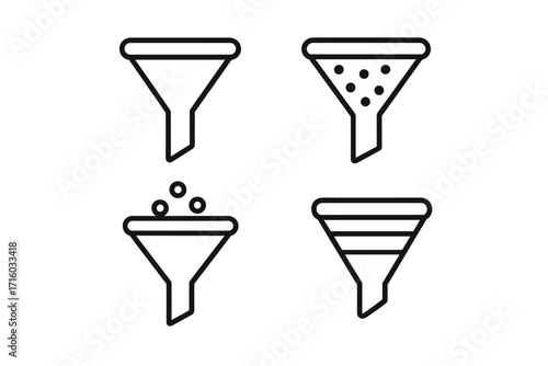 Sales funnel and marketing pipeline line icon set. Vector symbols for lead generation, data filtering, and conversion process. Editable stroke icons for business infographics.