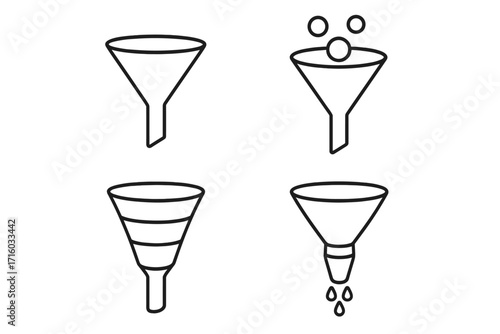 Sales funnel outline icon set. Lead generation and conversion rate optimization concept. Business marketing process metaphor. Data filtering and processing vector symbols.
