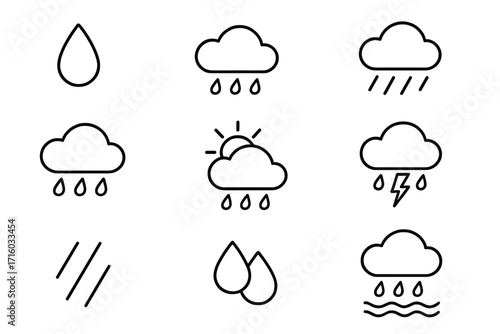 Weather line icon set with rain, clouds, sun, and storm symbols. Vector outline pictogram collection for meteorology forecast, web design, UI, and mobile apps. Minimalist graphic signs.