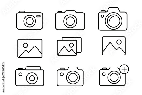 Camera and photo outline icon set. Vector line art collection with editable stroke. Photography, picture, gallery symbols for web design, app UI, UX, and infographics.