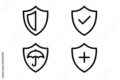 Shield icon set for security and insurance. Vector line art collection with defence, safety, and protection symbols. Pictograms with checkmark, plus, and umbrella for web.