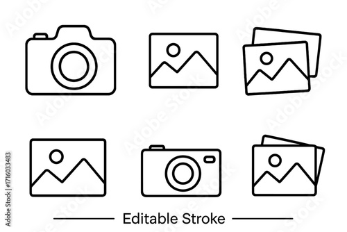Photo camera and picture outline icon set. Photography, image gallery, and digital album line art symbols. Editable stroke vector for infographics and web design.