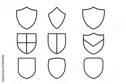 Shield line icon collection. Vector set of security and protection symbols. Simple outline emblem, badge, and logo shapes. Minimalist guard signs for safety and defense.