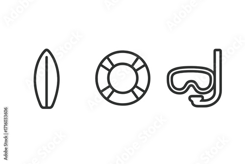 Water sports line icon set. Surfboard, lifebuoy, diving mask pictogram. Summer vacation, beach safety, ocean recreation concept. Minimal linear vector graphic for web, apps.