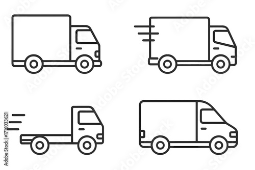 Delivery truck and van line icon set. Logistics, transport, and fast shipping service concept. Commercial cargo vehicle symbol. Express freight moving vector pictogram for web.
