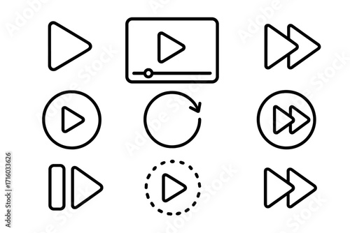 Play button line icon set. Vector collection of outline media player symbols like fast forward, pause, repeat, and next for web design, UI, UX, apps, and interfaces.