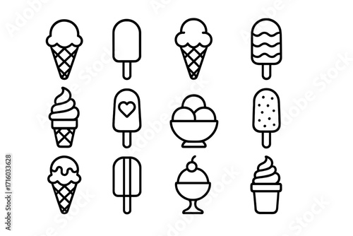 Ice cream icon set thin line collection. Summer dessert food symbols. Popsicle, sundae, gelato, sorbet and soft serve in cone and bowl vector graphic elements for web.