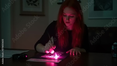 Young woman with red hair using a laser pen to create art on black paper in a dimly lit room