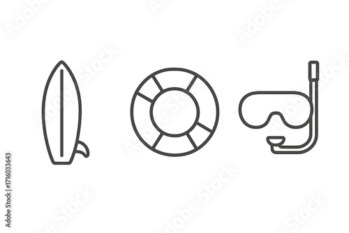 Water sports line icon pack with surfboard, lifebuoy, diving mask. Summer beach vacation minimal pictograms. Outline vector graphic for sea safety, swimming, diving concepts.