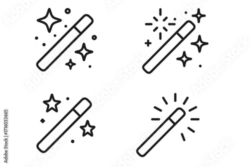 Magic wand icon set. Thin line style collection of magician and wizard wands. Editable stroke vector illustration. Fantasy, fairy tale, spell casting symbols. Mystical celestial objects.