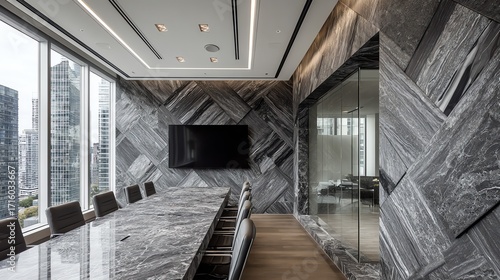 A modern conference room features striking gray marble walls and a large table, conveying a sense of sophisticated professionalism and quiet power within a high-rise setting.
