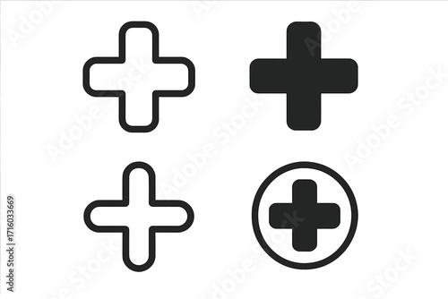 Plus sign icon set. Modern flat minimalist symbols. Add, new, more, positive button for UI, web, app. Medical cross, health symbol. Vector graphic element collection.