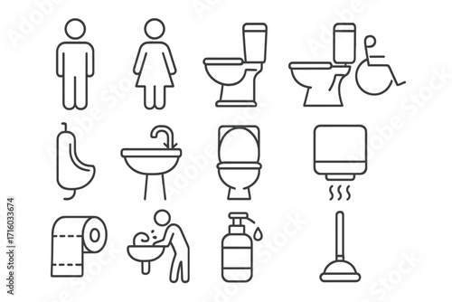 Restroom line icon set. Toilet, bathroom, WC signs. Public washroom pictograms. Man, woman, gender symbols. Accessible, disability, accessibility icon. Hygiene, sanitation, wash.