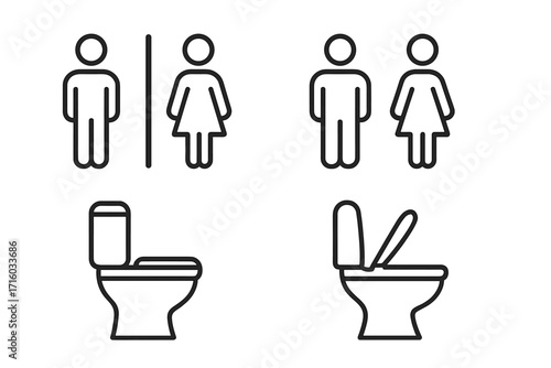 Restroom line icon set. Man and woman toilet sign. Gender symbol. WC pictogram for public places. Unisex bathroom vector. Editable stroke. Outline toilet bowl illustration.