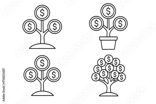 Money tree outline icon set. Vector illustration of financial growth concept. Investment, savings, wealth, and profit symbol. Business success and income metaphor.