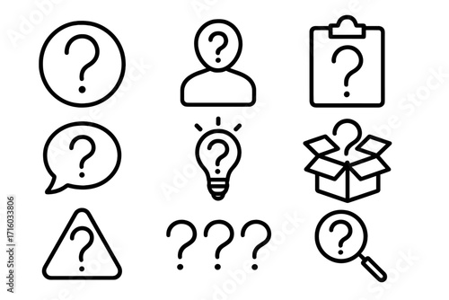 Question mark line icon set. Help and support symbols. FAQ and query signs for web and apps. User, search, idea lightbulb, problem solving vector illustration pack.