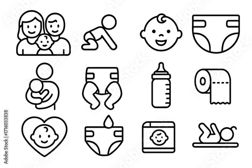 Baby and newborn thin line icon set. Parenting and childcare outline symbols for web and graphic design. Family, mother, father, toddler, diaper, bottle, feeding, love icon.