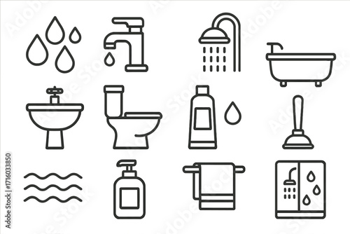 Bathroom and plumbing thin line icon set. Collection of water, shower, toilet, and hygiene symbols. Vector outline pictograms for web and apps. Editable stroke illustration.
