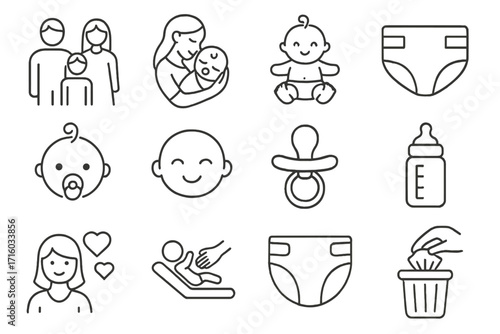 Baby care and parenthood thin line icon set. Newborn, family, mother and child outline pictograms. Vector symbols for web and graphic design, apps. Diaper, bottle, pacifier.
