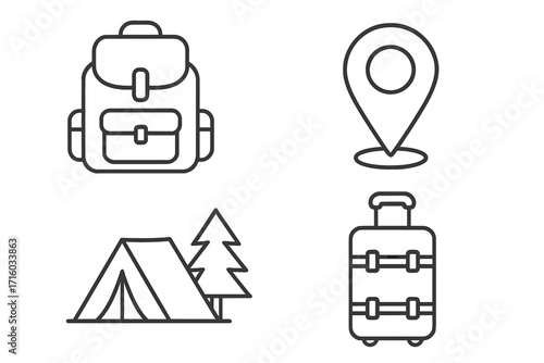 Travel and tourism linear icon set. Camping, hiking, and vacation concepts. Backpack, location pin, tent in forest, and suitcase luggage symbols. Editable stroke vector pack.