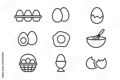 Eggs line icon collection. Breakfast food preparation symbols. Fried, boiled, cracked egg, eggshell, carton, basket. Kitchen ingredient. Editable stroke vector illustration set.