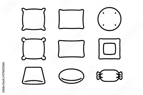 Pillow cushion outline icon set. Vector line art collection for home decor and bedding. Simple linear graphic elements. Editable stroke for design and infographics. Rest, sleep.