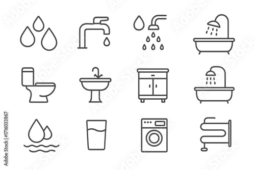 Water, bathroom and plumbing thin line icon set. Editable stroke icons for web and apps. Includes toilet, sink, faucet, shower, bathtub, washing machine, hygiene symbols.