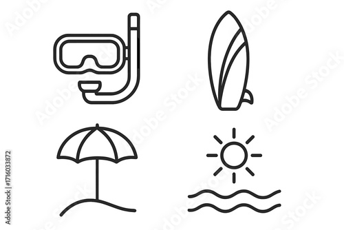 Summer beach vacation icon set. Line art for water sports & travel. Diving mask, snorkel, surfboard, sun, sea wave, umbrella. Simple outline vector graphic signs for web design.