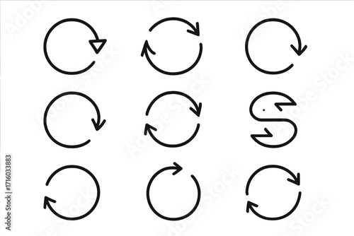 Set of circular arrow line icons. Vector collection of refresh, reload, repeat and rotate symbols. Simple outline pictogram signs for web design, UI, UX and apps. Update, loop and sync illustration.