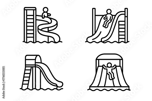 Water park fun icon set. Summer vacation and aquatic recreation symbols. People on water slides, swimming pool activity line icons. Vector illustration for aqua park leisure.