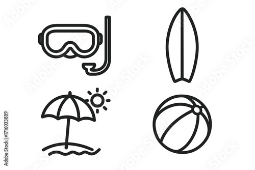 Summer beach vacation line icon set. Vector outline symbols for graphic design, web and apps. Includes diving mask with snorkel, surfboard, sun umbrella, inflatable ball.