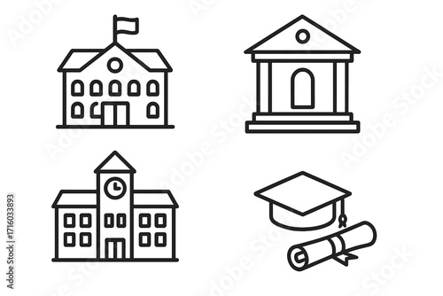 Education line icon set. School, college, university buildings. Graduation cap, diploma scroll. Academy and learning symbols. Vector outline illustration, editable stroke.