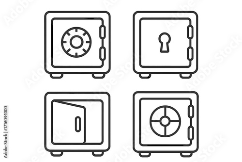 Safe deposit box line icon collection. Bank vault, strongbox. Finance security concept. Money protection, wealth, saving. Vector icons with combination lock, keyhole, open door.