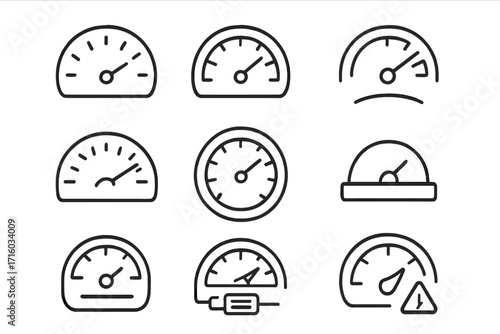 Speedometer gauge line icon set. Dashboard and tachometer signs collection. Car speed measurement and performance indicator vector icons for web design, apps, ui, ux kit.