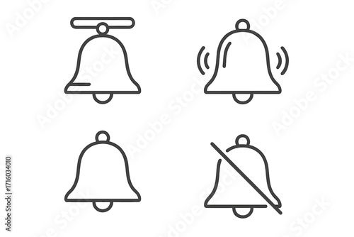 Bell notification line icon collection. Ringing, silent, and active alert symbols. Vector set for web UI, app subscribe button, and reminder concepts. Editable stroke.