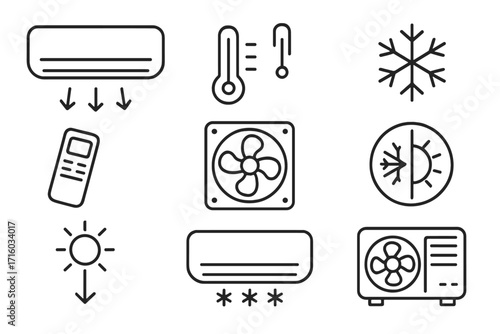 Air conditioning line icon set. HVAC, cooling, and heating symbols. Climate control, ventilation, fan, remote, and thermometer vector icons for web, app, and ui design.