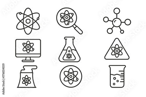 Science line icon set. Atom, molecule, chemistry, physics symbols. Nuclear energy and laboratory research vector icons. Editable stroke. Quantum tech illustration pack.