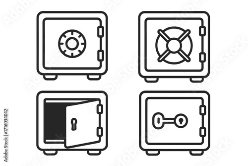 Safe deposit box icon set. Line art collection of security and safety concepts. Bank vault, money safe, and strongbox with combination lock, key, and open door. Editable stroke vector illustration.