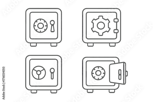 Safe deposit box line icon set. Vector collection of security and finance symbols. Bank strongbox, money vault, and safety locker outline illustrations for web design.
