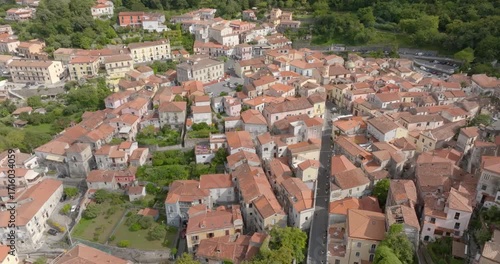 Aerial view of the town of Maratea, in the province of Potenza, Basilicata, Italy. It's a small village with many narrow streets and a few houses perched on the mountain.