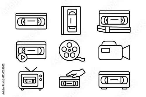 VHS video tape line icon set. Retro 90s media technology. Vintage cassette, VCR player, camcorder, and film reel outline icons for web design. Nostalgic movie concept.