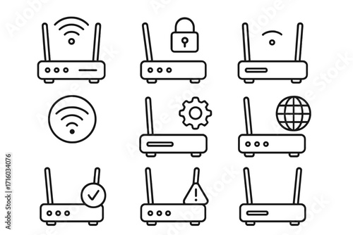 Wi-Fi router line icon set. Internet connection, network signal, and data security symbols. Vector collection for web, UI, and UX design. Editable stroke for app interface.