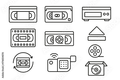 Set of video tape line icons. VHS cassette, VCR player, camcorder vector symbols. Retro 80s and 90s media technology. Old analog video outline signs for web and apps.