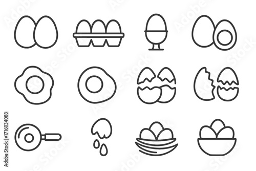 Egg icon line set. Breakfast food vector outline icons. Fried, boiled, poached eggs, omelette, carton, nest and bowl. Cooking and meal preparation symbols for web and app.